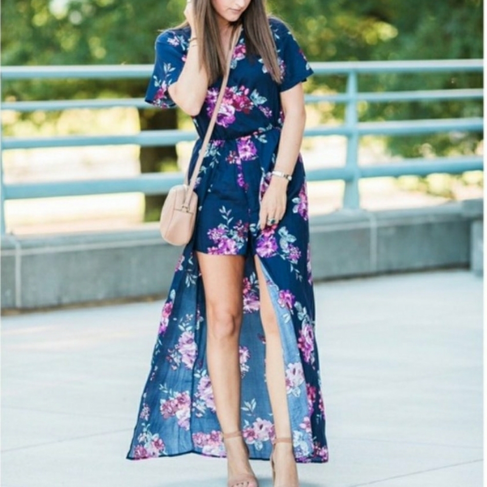 Xhilaration Navy Blue Floral Romper with Maxi